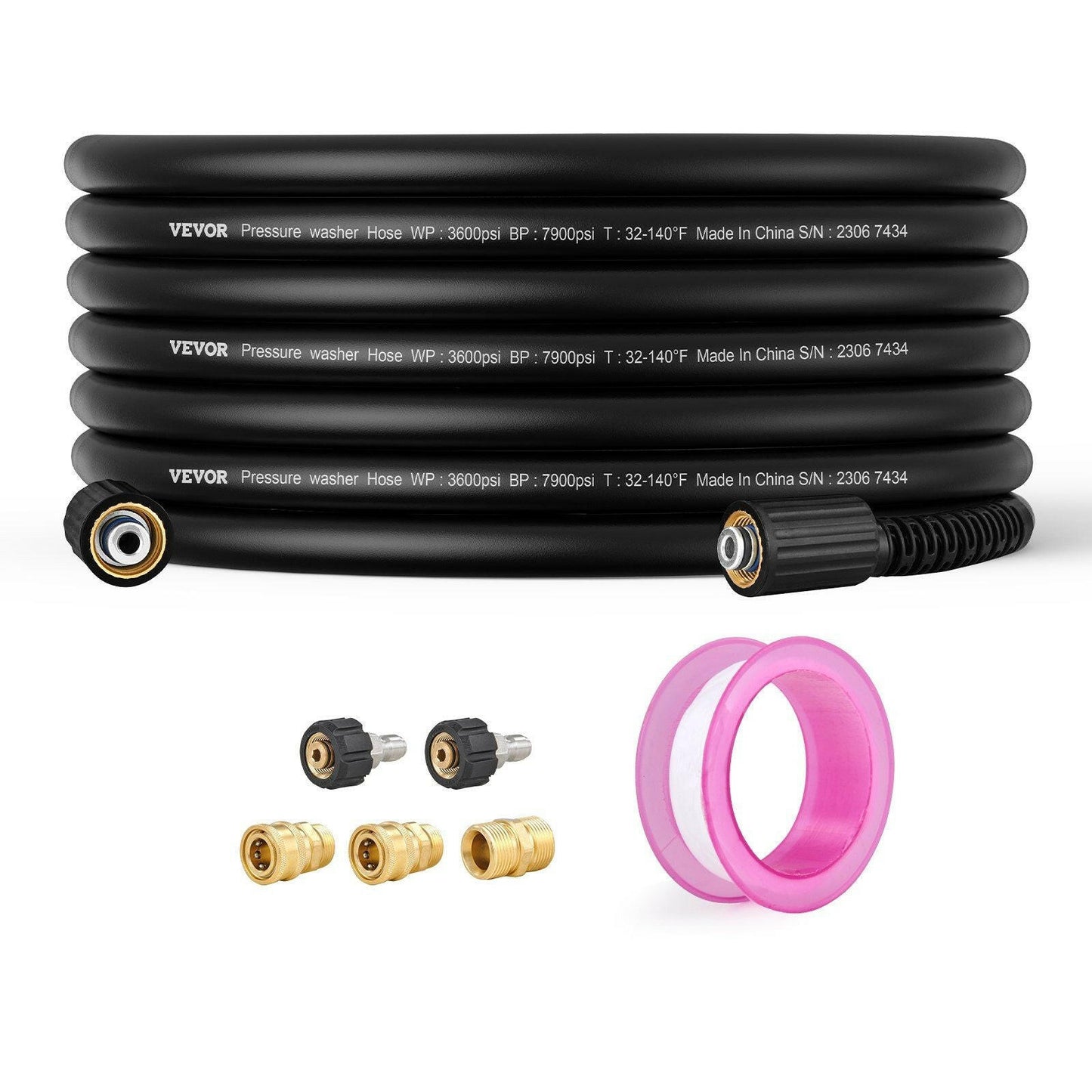 VEVOR Pressure Washer Hose, 50 FT, 1/4" Kink Free M22-14mm Brass Thread Replacement For Most Brand Pressure Washers, 3/4'' Bending Radius, 3600 PSI Heavy Duty Power Washer Extension Replacement Hose.