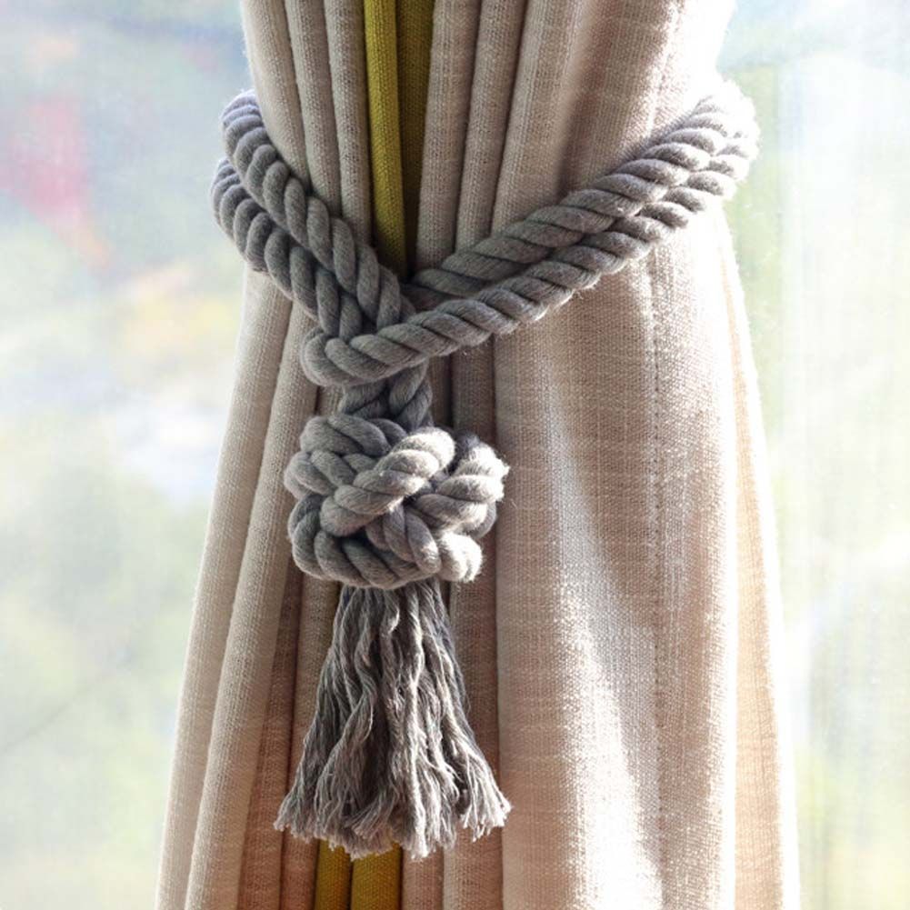 2Pcs Handmade Cotton Rope Curtain Holder Tie Backs Holdbacks Tassel Drapes Ball Tiebacks Home Decor, Grey