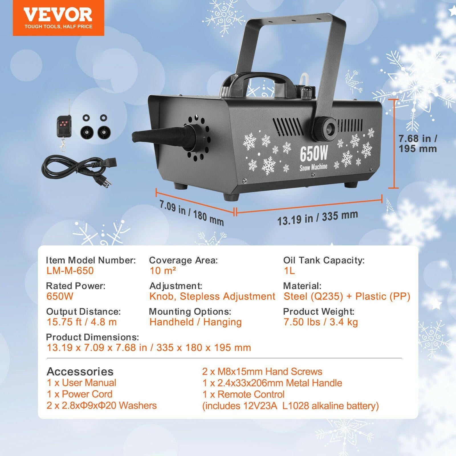 VEVOR Snow Machine 650W Handheld Hanging Snow Making Machine for Holidays.