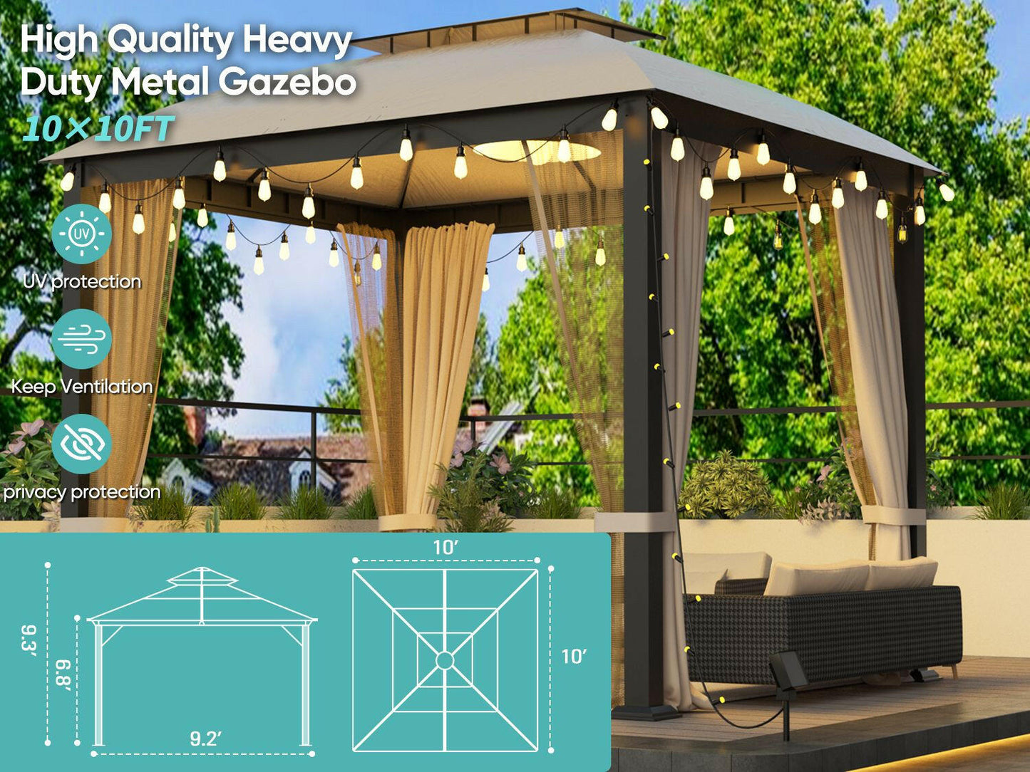 10X10FT Softtop Metal Gazebo with Mosquito Net&Sunshade Curtains,Sturdy Heavy Duty Double Roof Canopy,Galvanized Steel Design Outdoor Tent,Suitable for Gardens,Patio,Backyard.