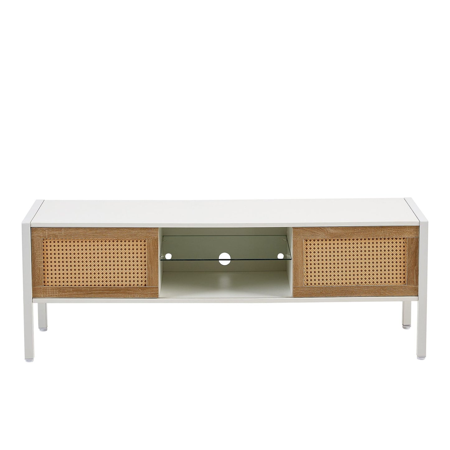 54.33" Rattan TV cabinet with variable color light strip, double sliding doors for storage, adjustable shelf,white