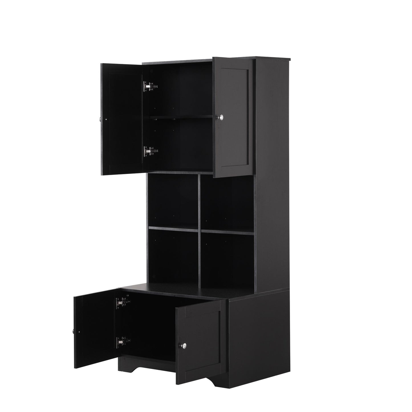 Bathroom Freestanding Cabinet with 4 Doors, Open multi-layer Shelves, Black