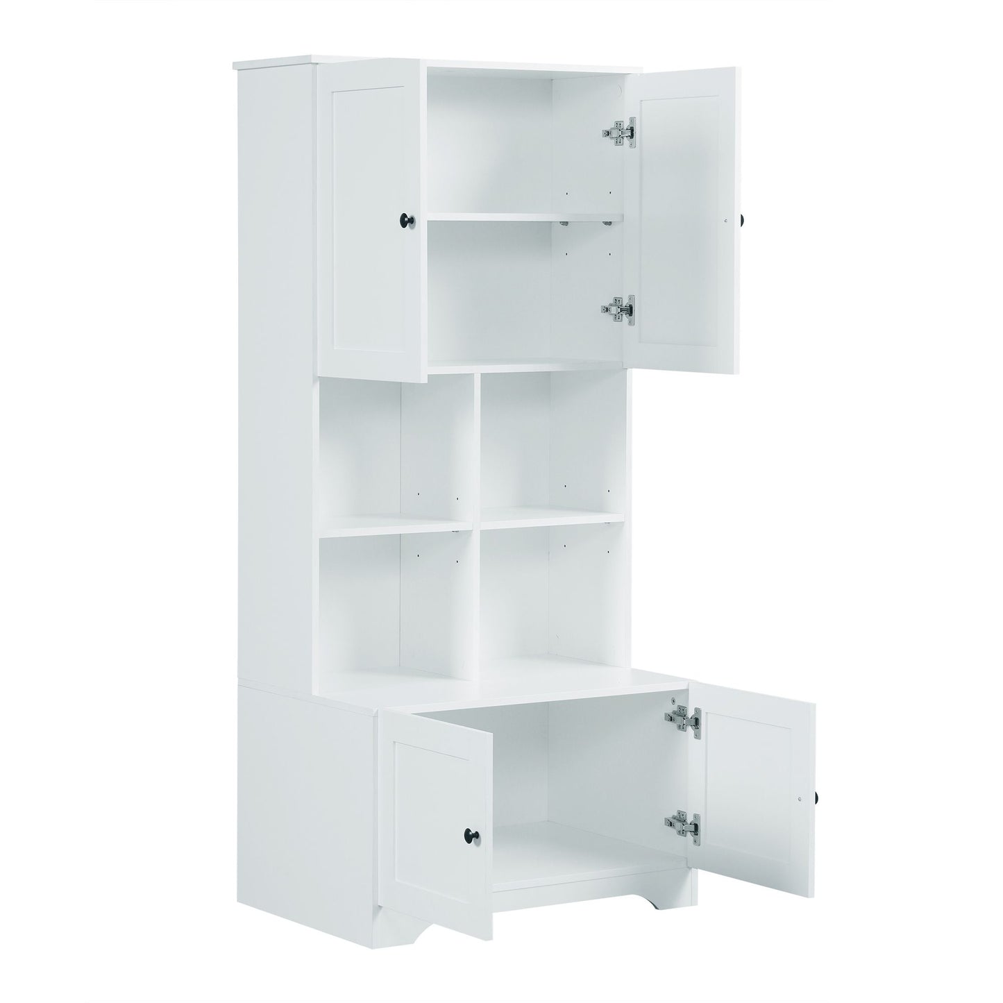 Bathroom Floor Storage Cabinet, Bathroom Storage Unit, Freestanding Cabinet with 4 Doors, Adjustable Shelves, Open multi-layer Shelves, White