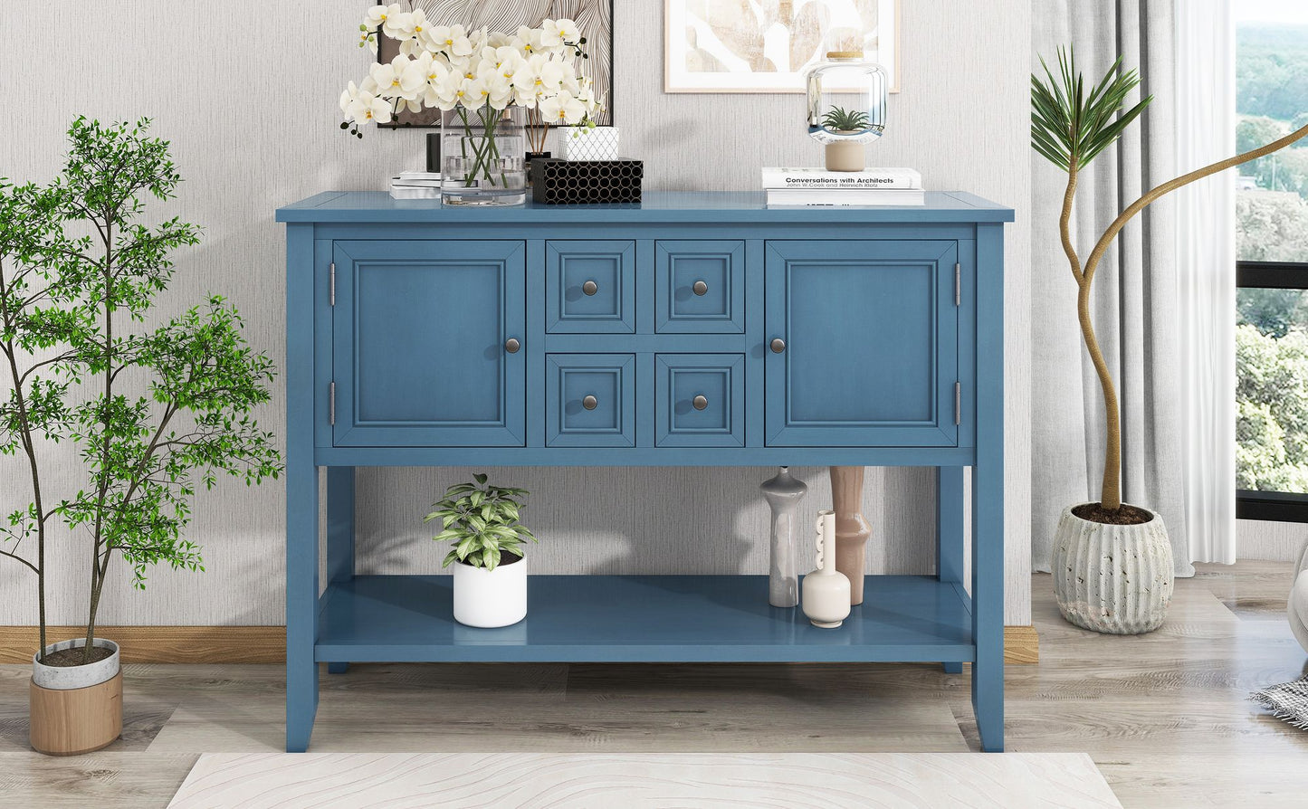 TREXM Cambridge Series Ample Storage Vintage Console Table with Four Small Drawers and Bottom Shelf for Living Rooms, Entrances and Kitchens (Light Navy, OLD SKU: WF190263AAH)