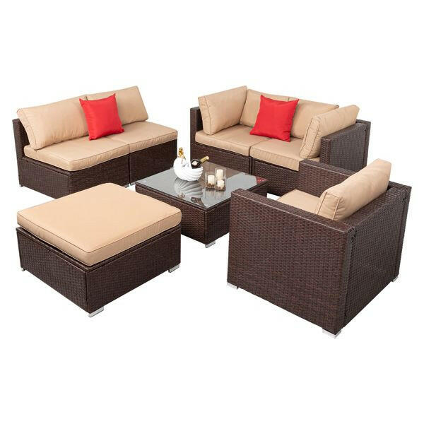 7 Pieces Wood Grain Patio PE Wicker Rattan Corner Sofa Set.