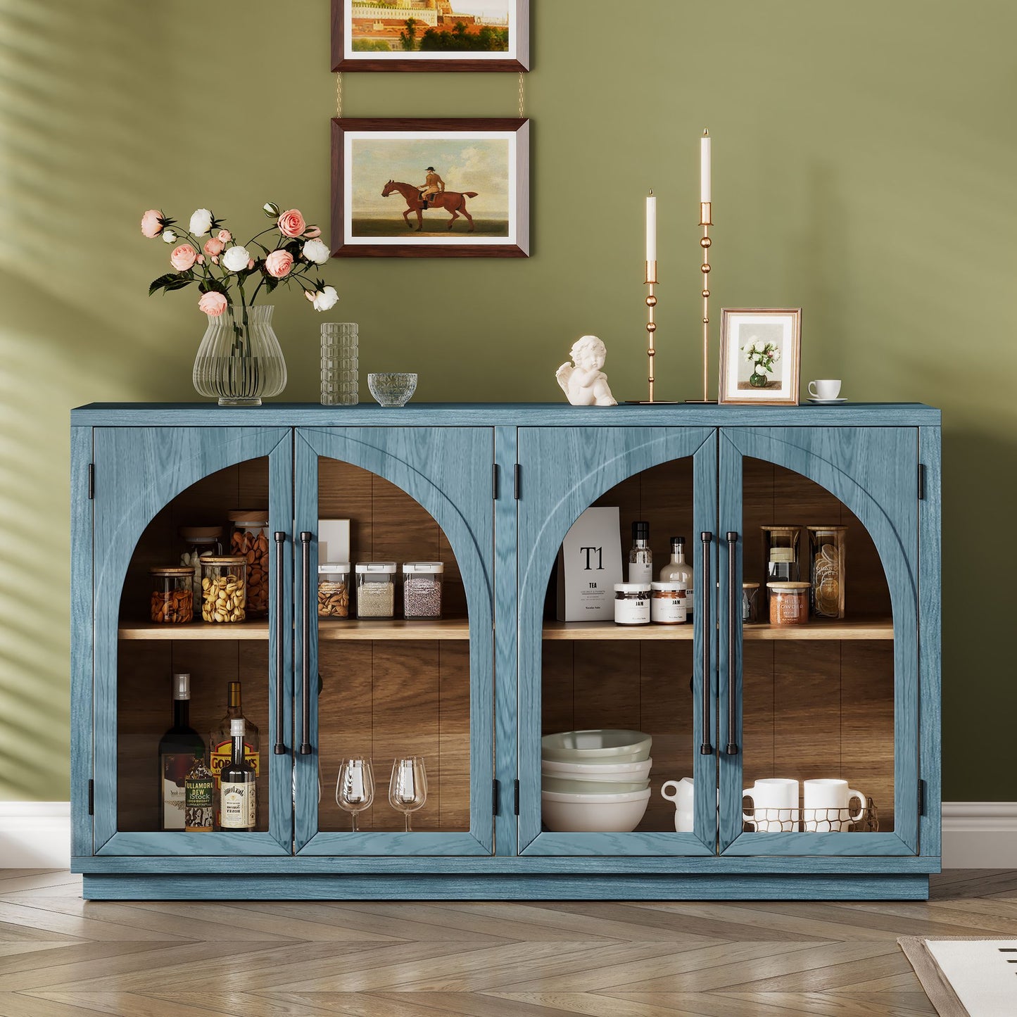 4-Door Large Storage Retro Sideboard with Metal Handles and Adjustable Shelves for Kitchen,Dining Room and Living Room