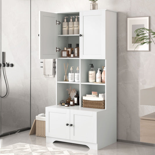 Bathroom Floor Storage Cabinet, Bathroom Storage Unit, Freestanding Cabinet with 4 Doors, Adjustable Shelves, Open multi-layer Shelves, White