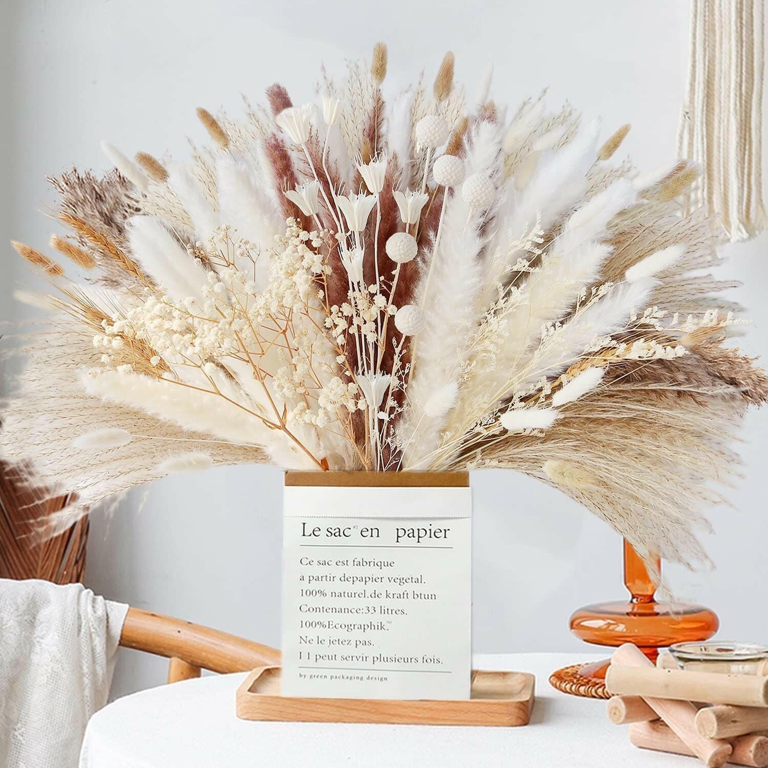 109pcs Natural Dried Pampa Grass Bouquet Large Phragmites Dried Flower Boho Home Decor Bouquet Room Holiday Wedding Party Decor.