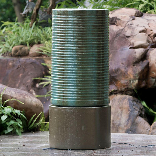 19.5x19.5x43.5" Large Concrete Cylinder Green & Brown Ribbed Water Fountain, Outdoor Bird Feeder / Bath Fountain, Modern Industrial Style.