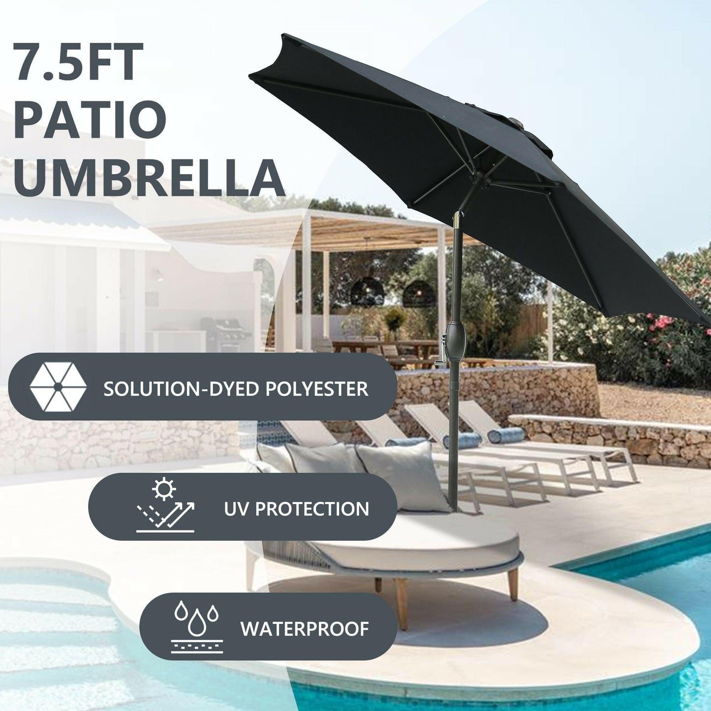 7.5ft * 7.5ft Patio Umbrella with Crank and Push Button Tilt, Outdoor Table Market Umbrella with Aluminum Pole - Black.