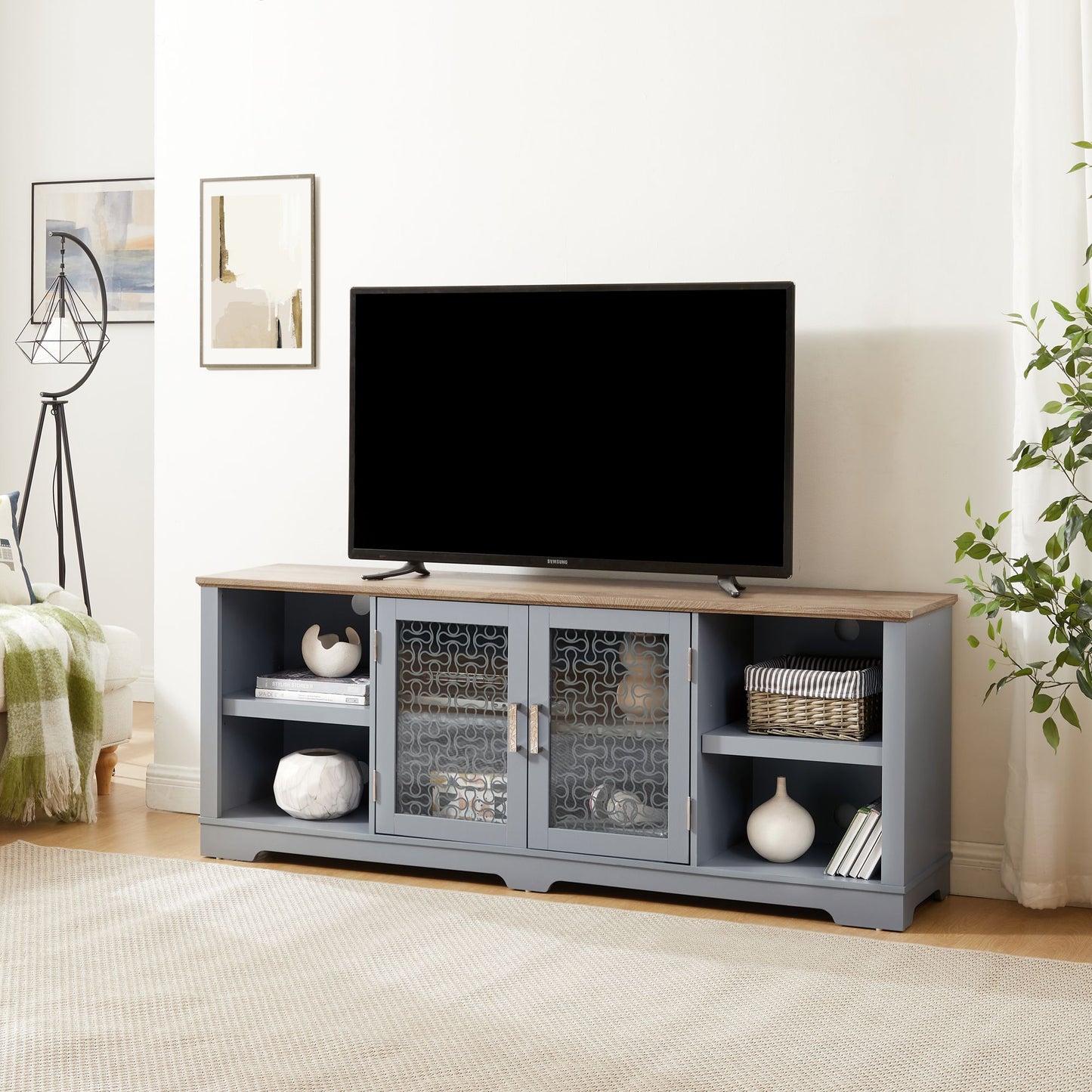 Modern Farmhouse Home Entertainment Console, for TV Up to 80'', with Open Shelves and Glass Door Cabinets, Light Blue and Light Oak, 70"W*15.55"D*26.85"H