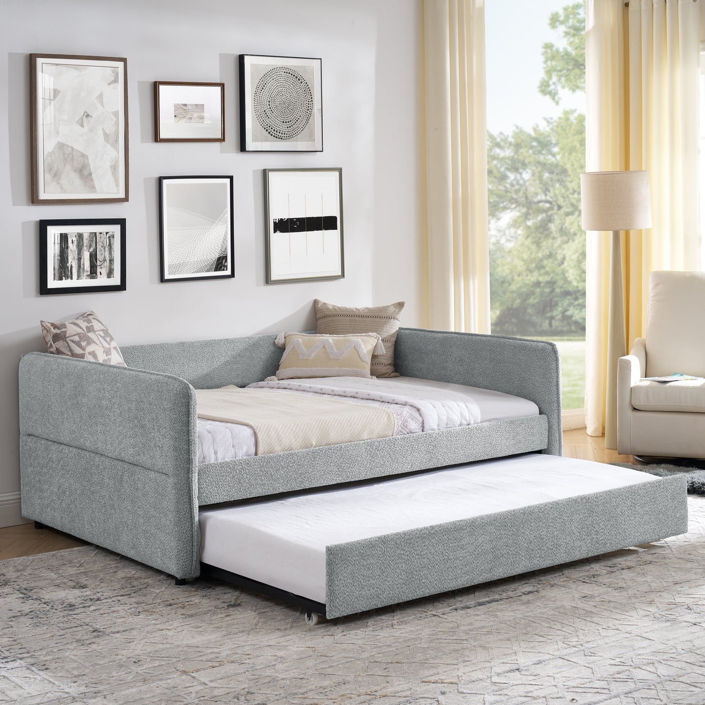 Daybed with Trundle Upholstered Tufted Sofa Bed, Full Size, Boucle