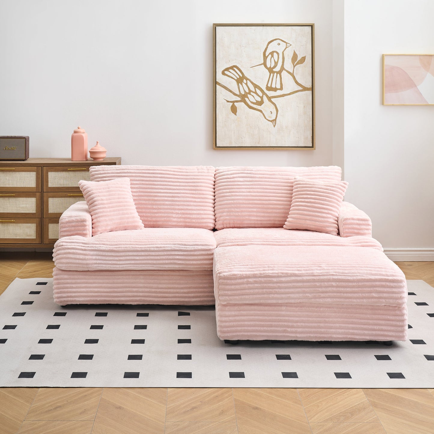 82 inches pink corduroy sofa, storage feet +4 throw pillows, pink