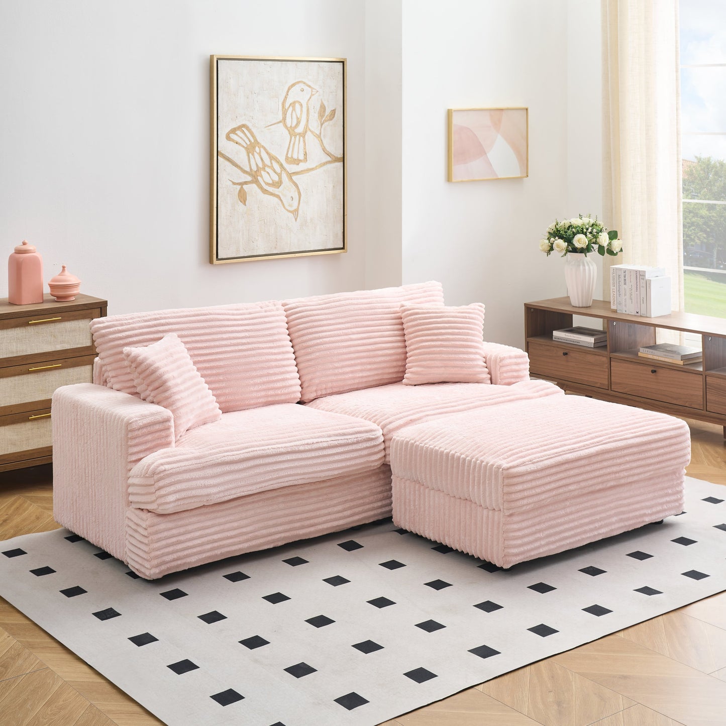 82 inches pink corduroy sofa, storage feet +4 throw pillows, pink