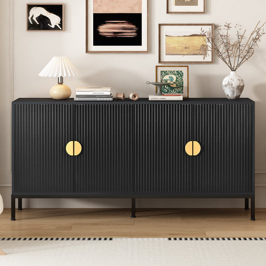 Exquisite Vertical-Striped Four-Door Sideboard with Sturdy Metal Legs