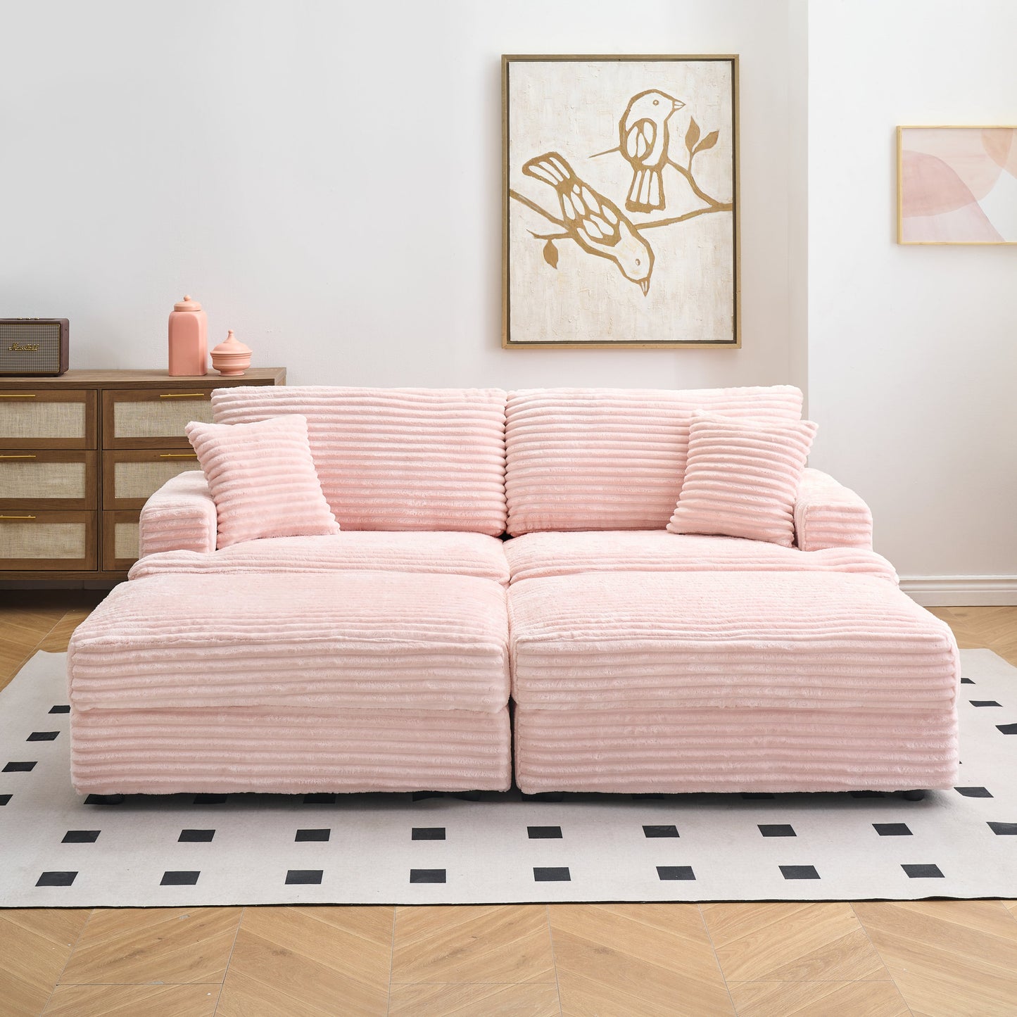 82 inches pink corduroy sofa, two storage feet +4 throw pillows,