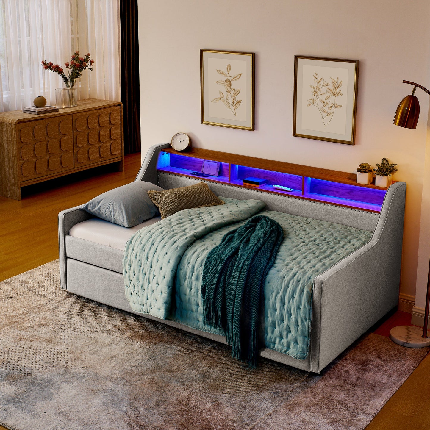 Twin Size Upholstery Sofa Bed with Three LED lights, with Storage