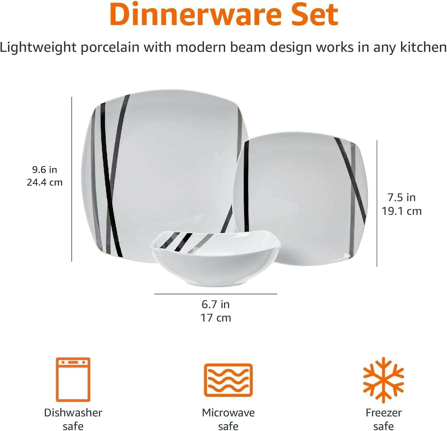 - 18 Piece Kitchen Dinnerware Set - Square Plates, Bowls, Service for 6 - Modern Beams.