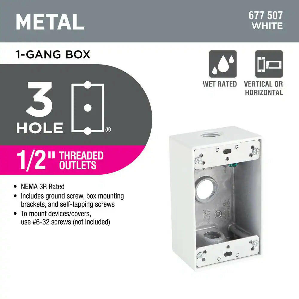 1-Gang Metallic Weatherproof Box with (3) 1/2 In. Holes, White.