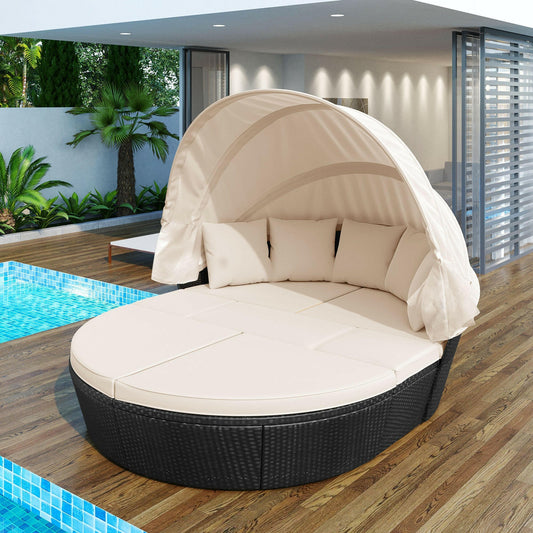 Outdoor rattan daybed sunbed with Retractable Canopy Wicker Furniture,.