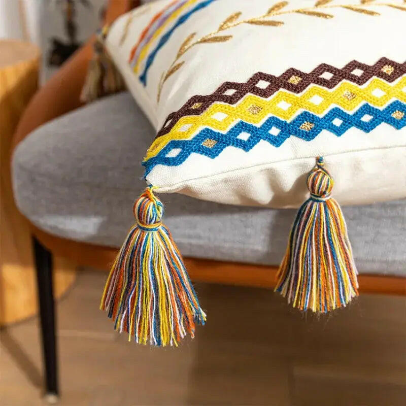 Embroidered Cotton  Fringed Pillowcase.