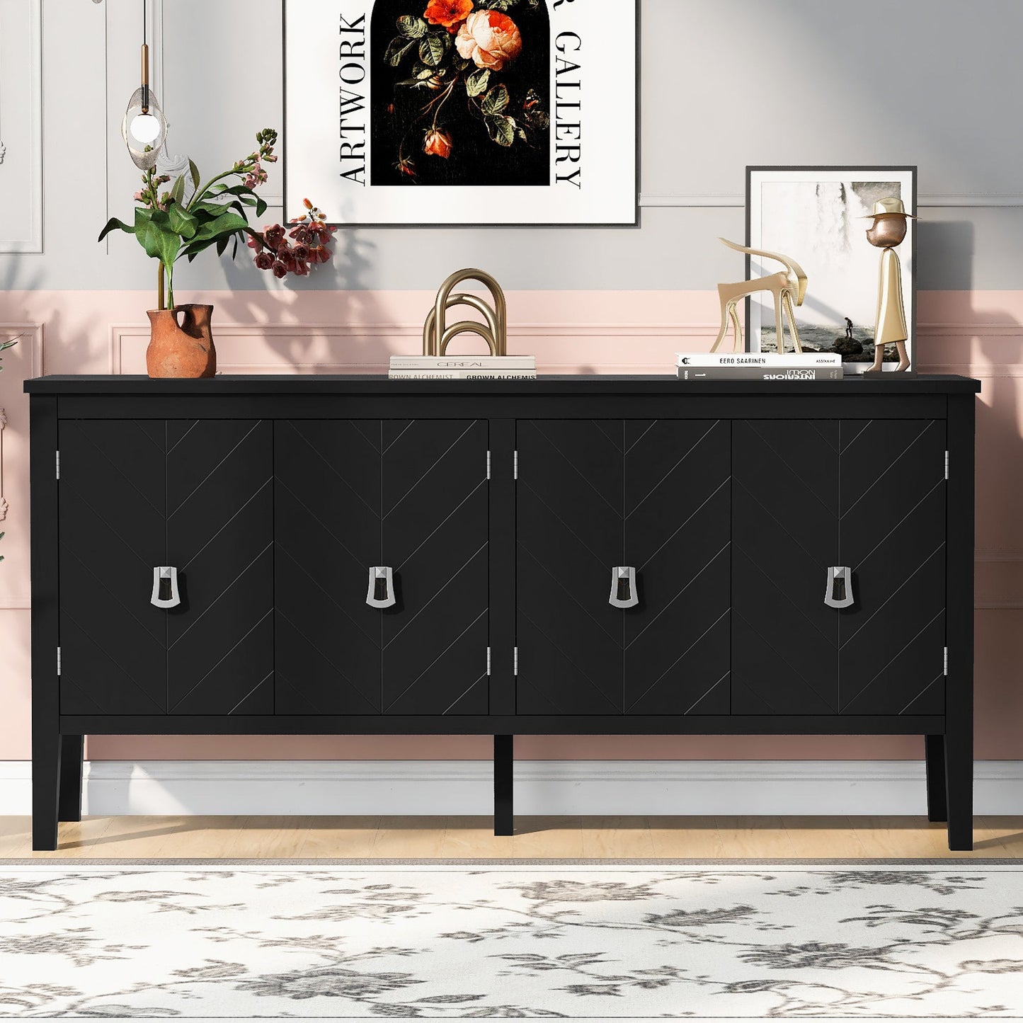 Four-Door Sideboard with Geometric Line Patterns and Vintage Metal