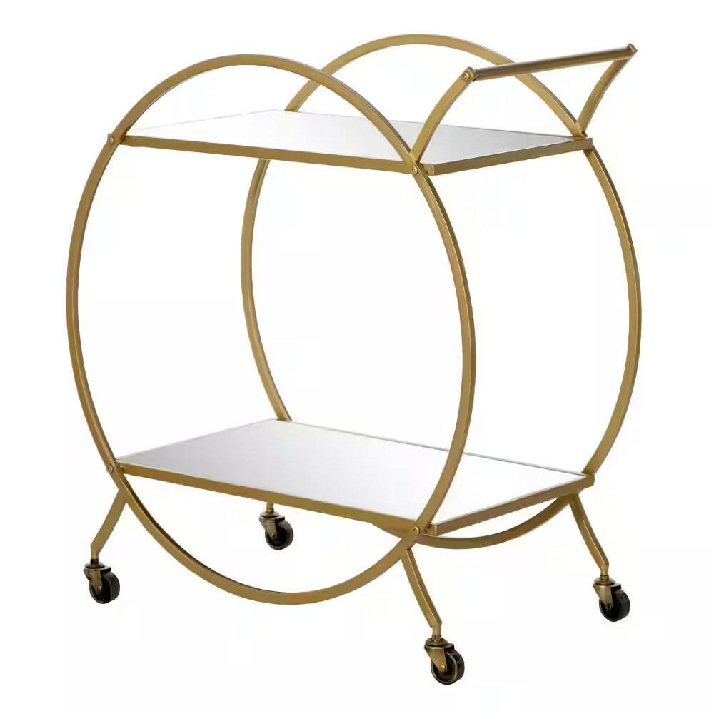 30 In. H Gold Rolling 2 Mirrored Shelves Bar Cart with Wheels and Handle.