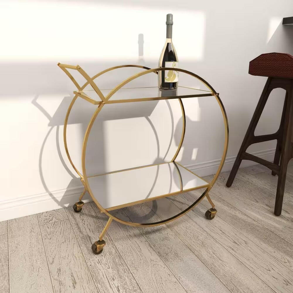 30 In. H Gold Rolling 2 Mirrored Shelves Bar Cart with Wheels and Handle.