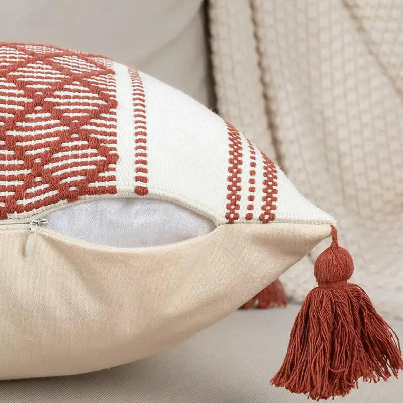 Woven Jacquard Tassel Cushion Cover.