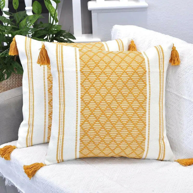 Woven Jacquard Tassel Cushion Cover.