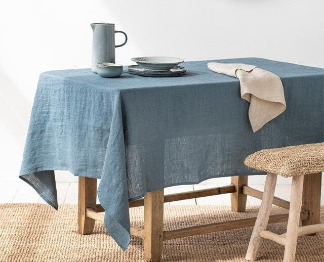 Teal Blue Tablecloth | Pure Linen | Linen Cotton Mix | Soft | Handmade