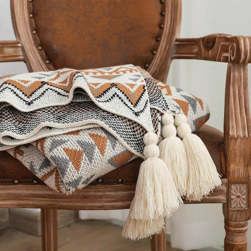 Knitted Geometric Pattern Throw.