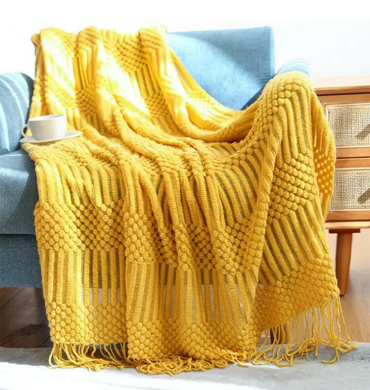 Hand Knitted Tassel Throw Blanket.