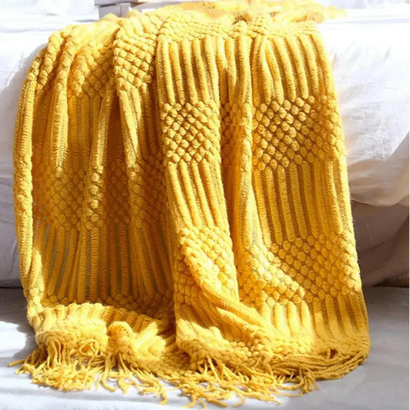 Hand Knitted Tassel Throw Blanket.