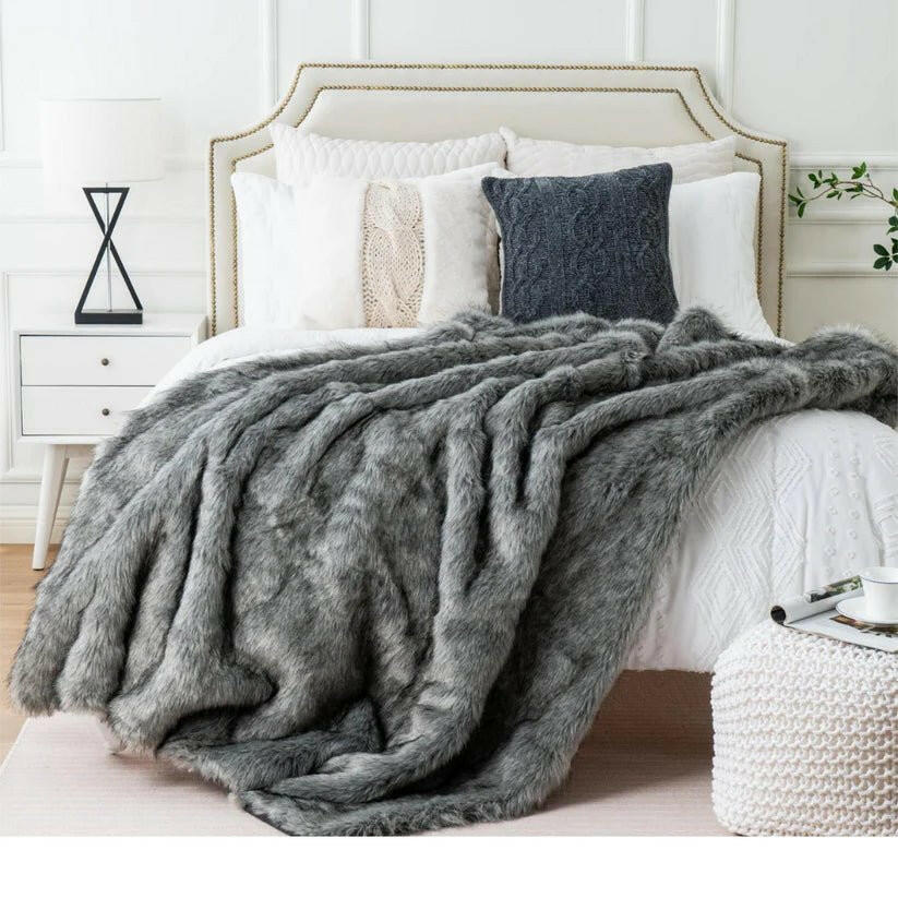 Luxury Faux Fur Throw Blanket Slate.